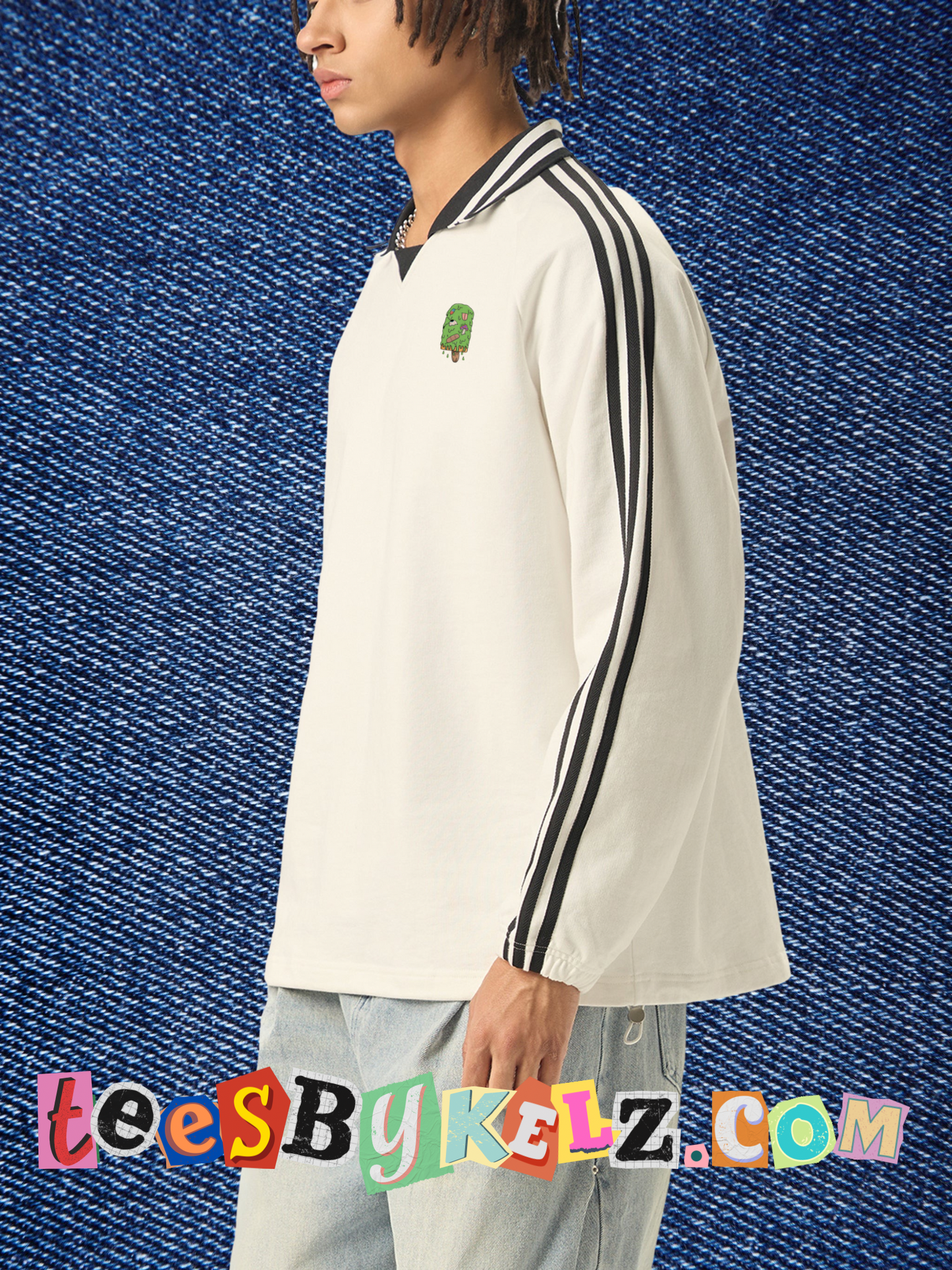 Slime Art By Kelz Ice Cream Logo Contrast Striped Lapel Collar Sweatshirt