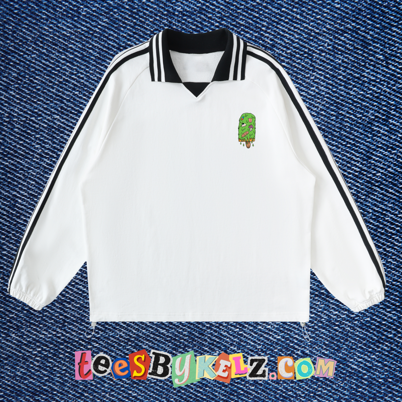 Slime Art By Kelz Ice Cream Logo Contrast Striped Lapel Collar Sweatshirt