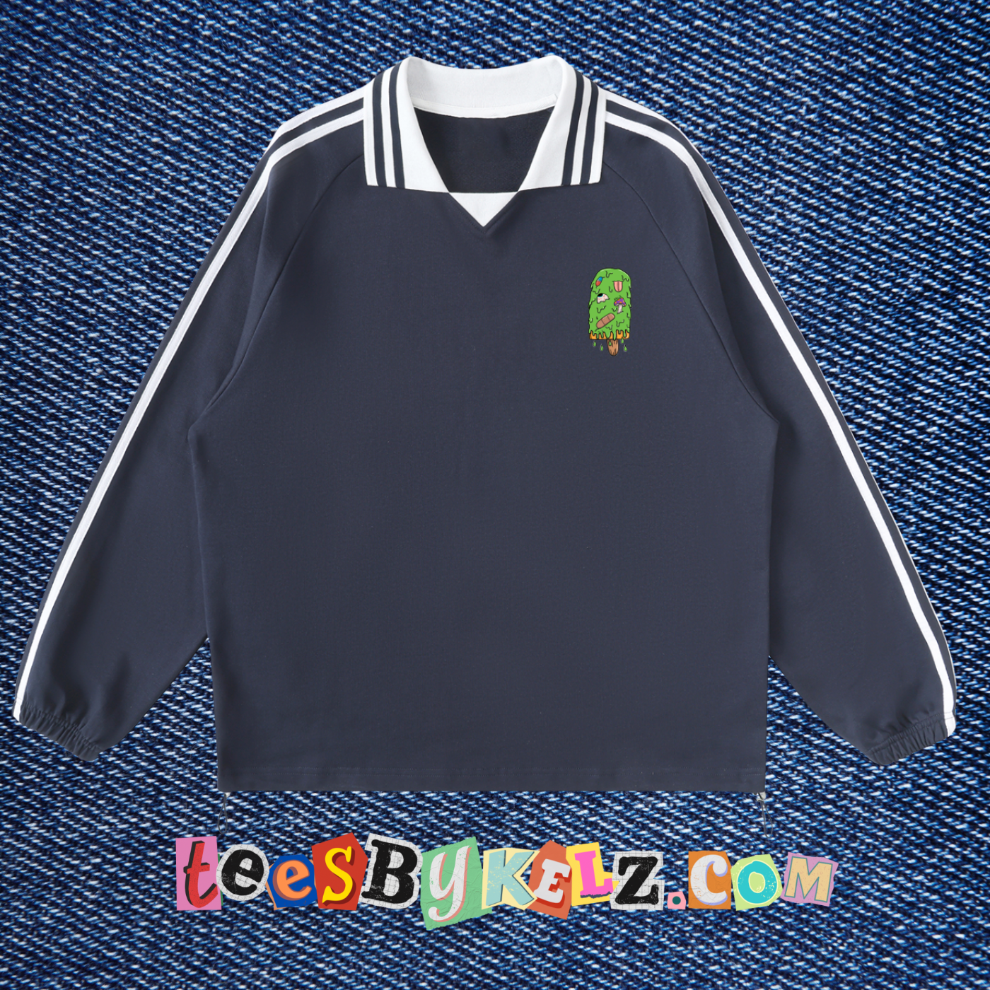 Slime Art By Kelz Ice Cream Logo Contrast Striped Lapel Collar Sweatshirt
