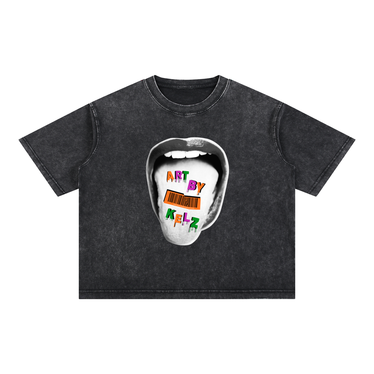 Acid Tongue Art By Kelz Mineral Wash Boxy Cotton T-Shirt