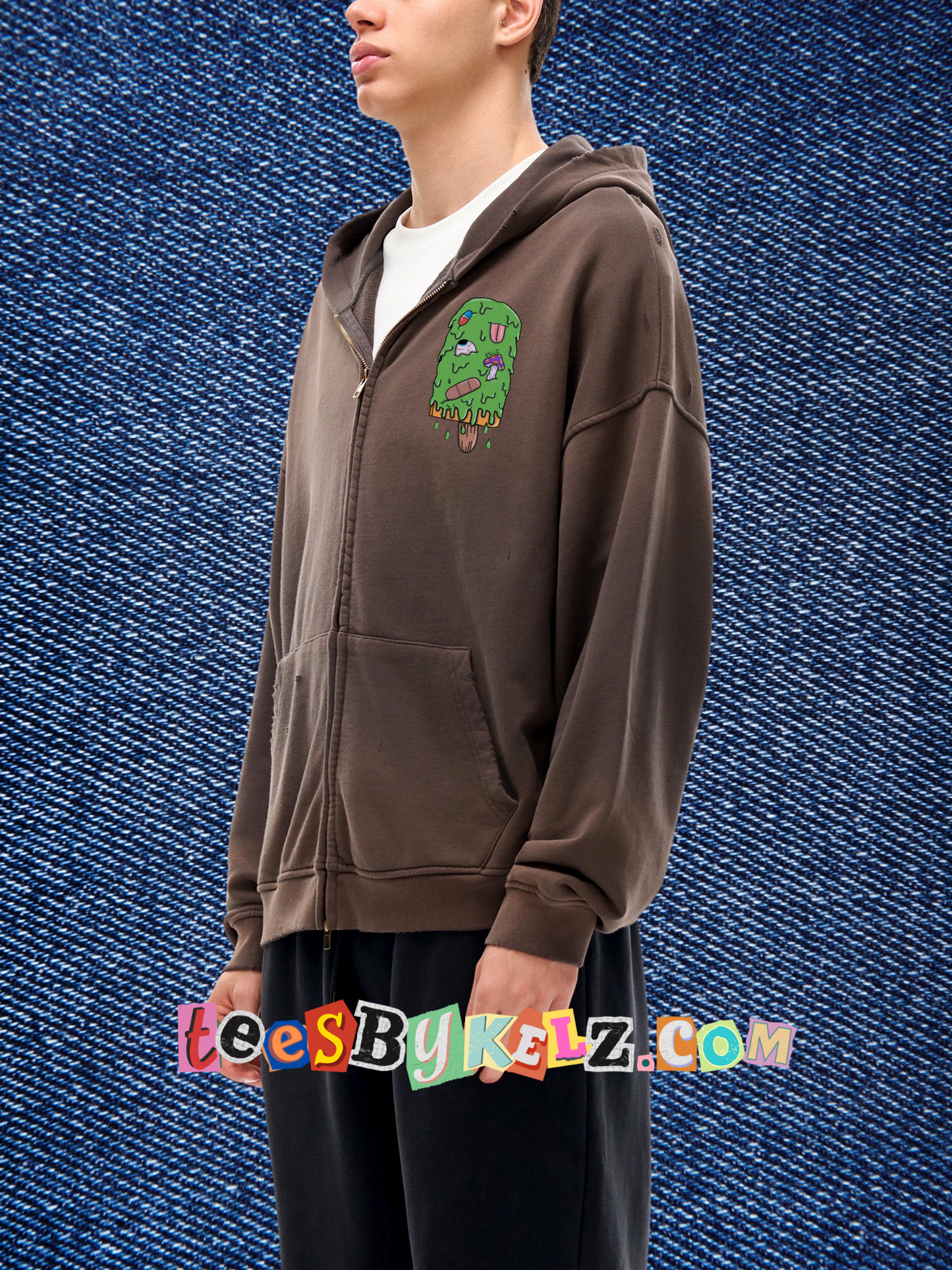 Slime Ice Cream Art By Kelz Logo Hand-Frayed Sunfade Zip Hoodie