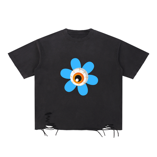 Eyeball Flower Black Snow Washed Raw-Hem T-Shirt