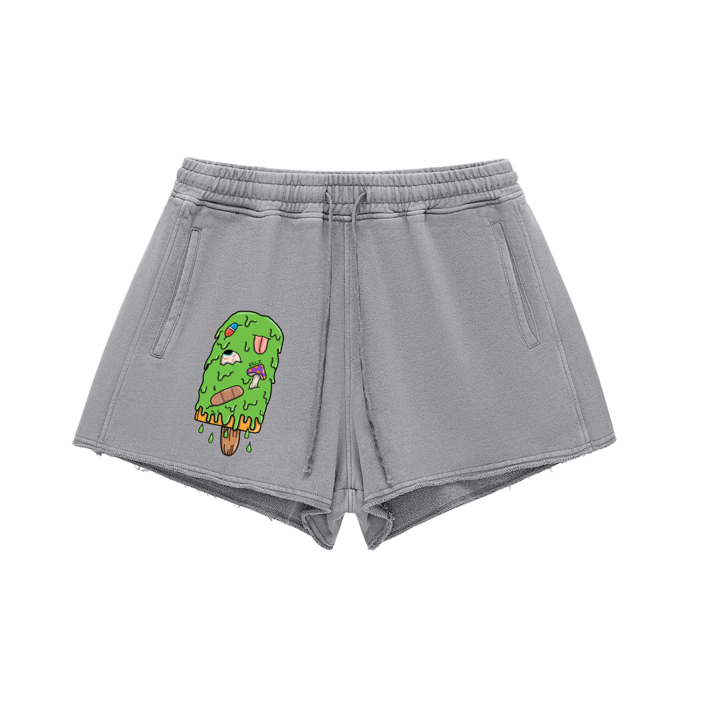 Trippy Ice Cream Snow Washed Raw Edge Drawstring Shorts