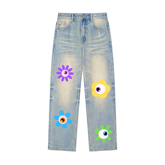 Eyeball Flowers Sun Fade Raw Hem Denim Jeans