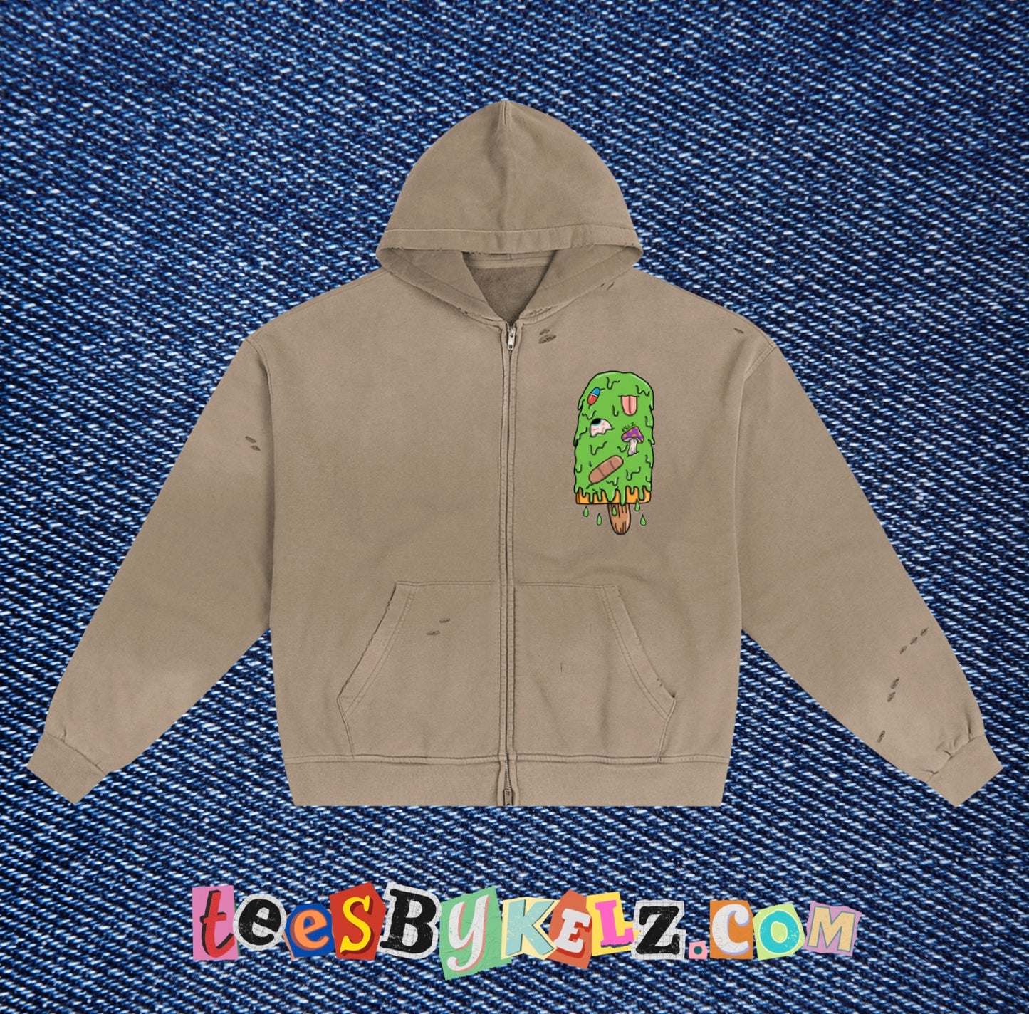 Slime Ice Cream Art By Kelz Logo Hand-Frayed Sunfade Zip Hoodie