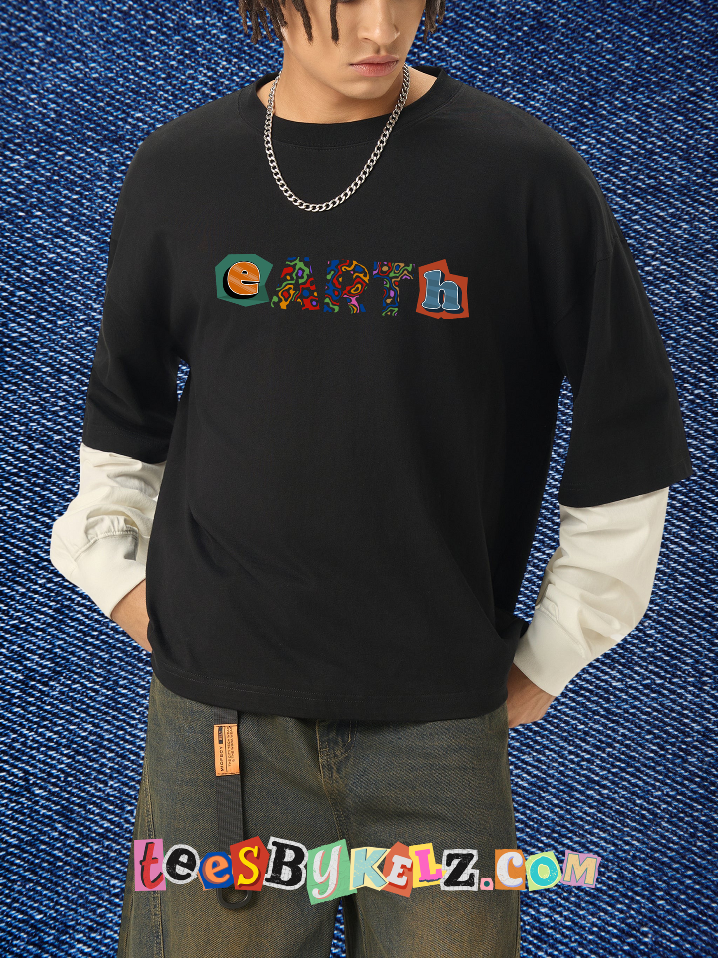 eARTh Layered Contrast Sleeve Cotton T-Shirt