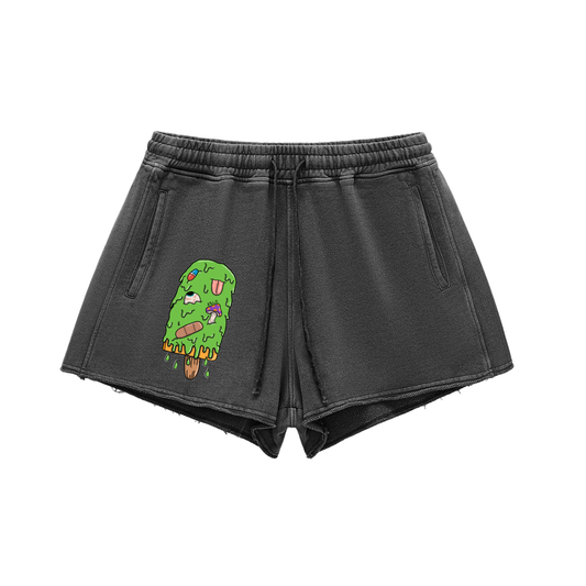 Trippy Ice Cream Snow Washed Raw Edge Drawstring Shorts