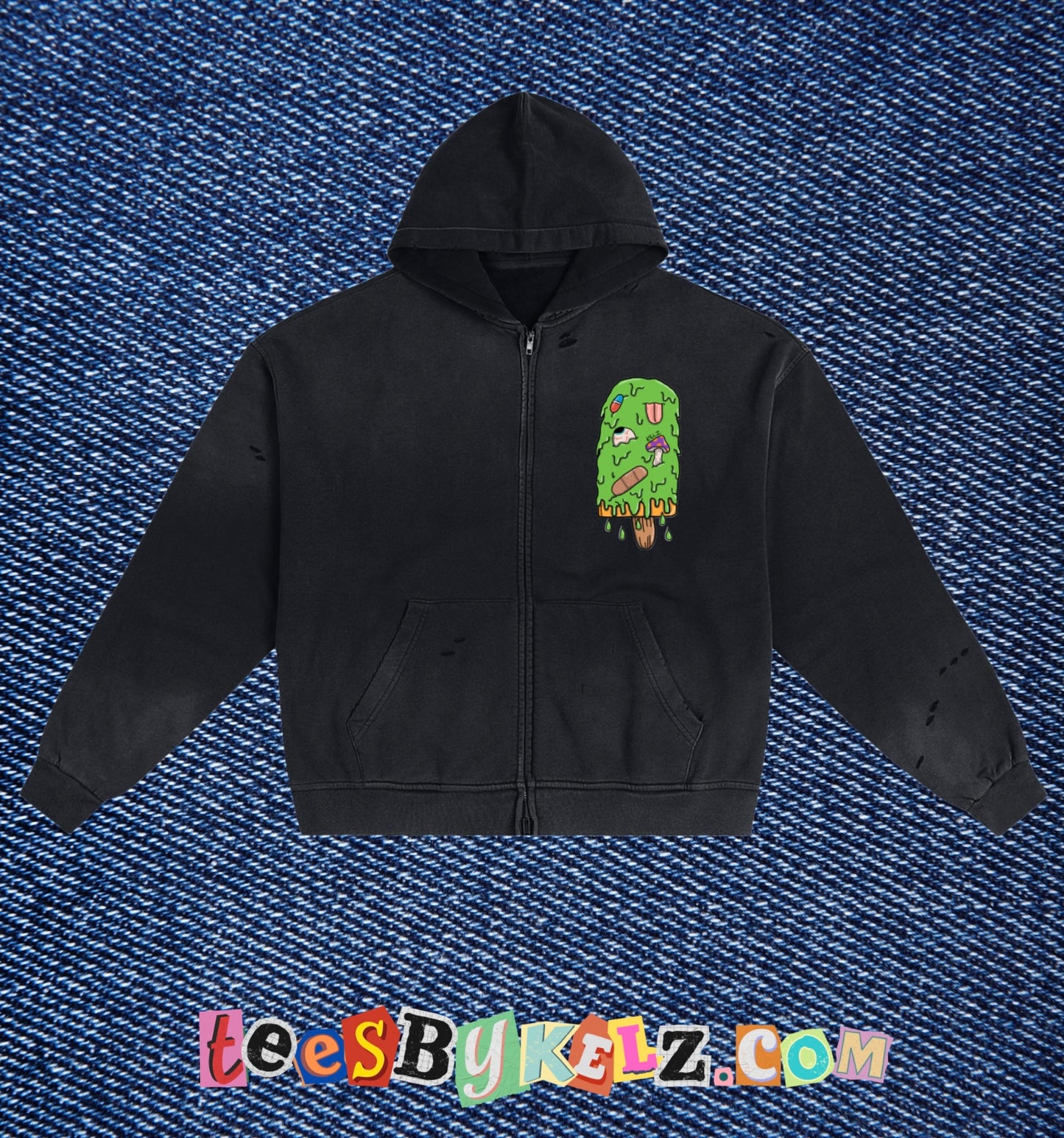 Slime Ice Cream Art By Kelz Logo Hand-Frayed Sunfade Zip Hoodie