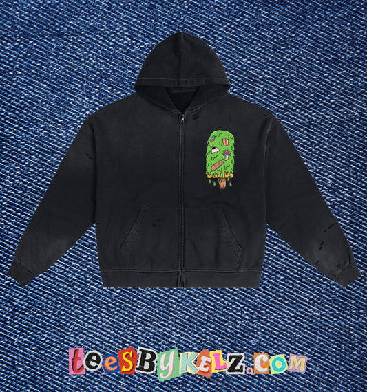 Slime Ice Cream Art By Kelz Logo Hand-Frayed Sunfade Zip Hoodie
