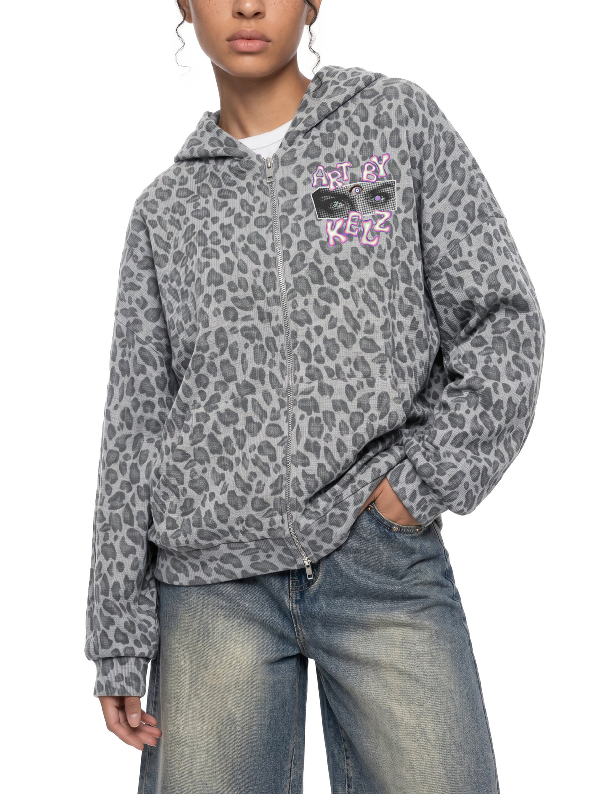 Trippy Art By Kelz Unisex Leopard Print Waffle Full Zip Hoodie