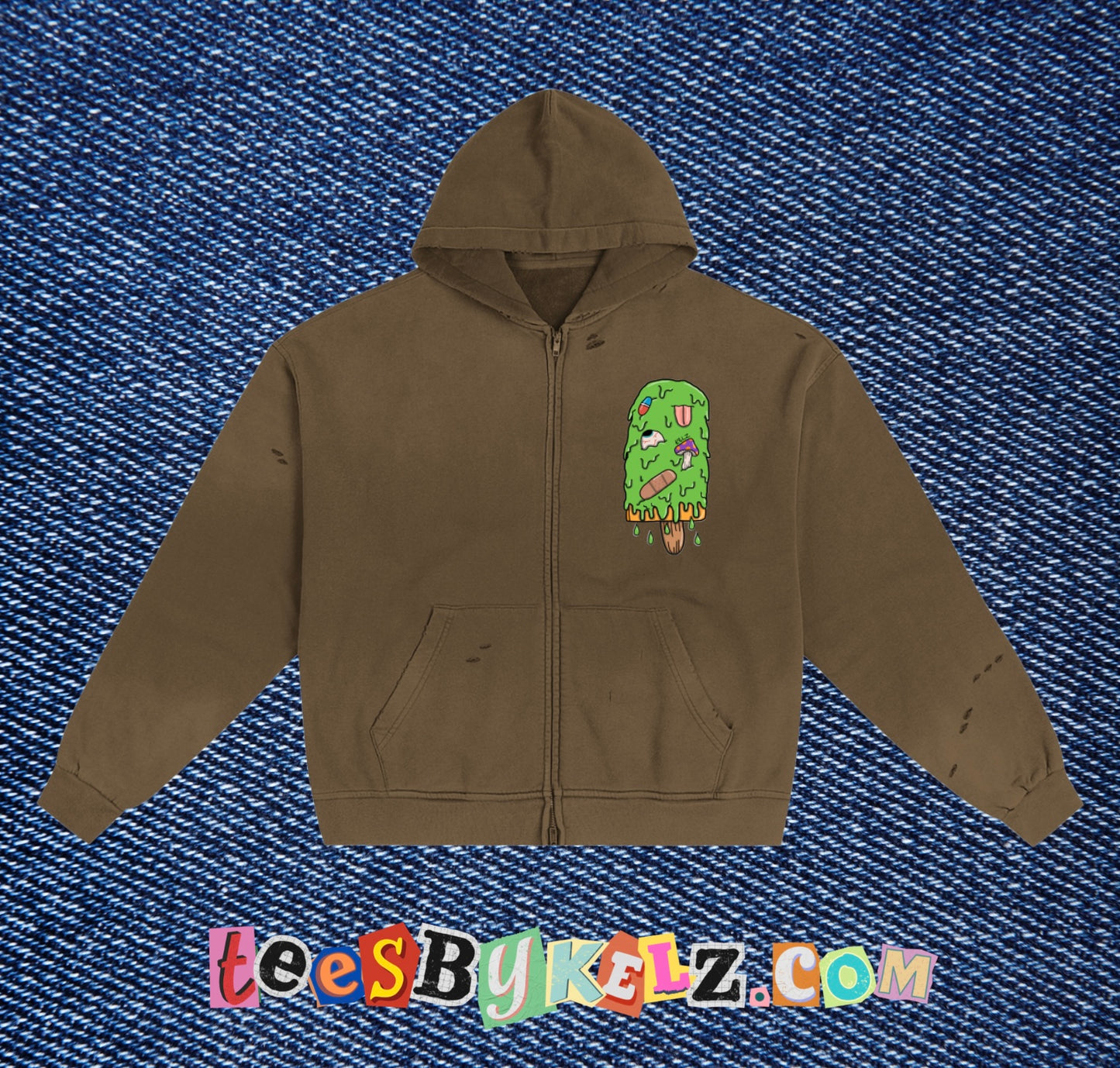 Slime Ice Cream Art By Kelz Logo Hand-Frayed Sunfade Zip Hoodie
