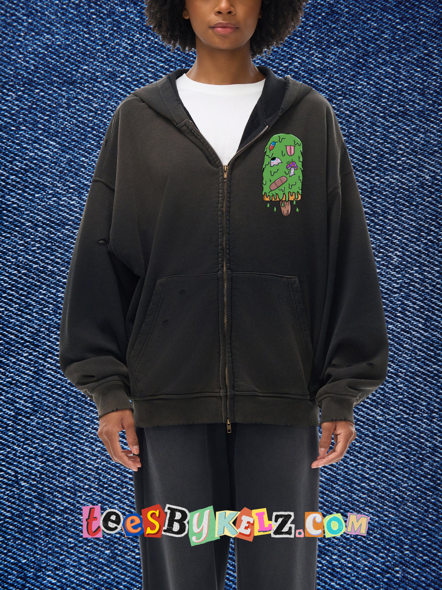Slime Ice Cream Art By Kelz Logo Hand-Frayed Sunfade Zip Hoodie