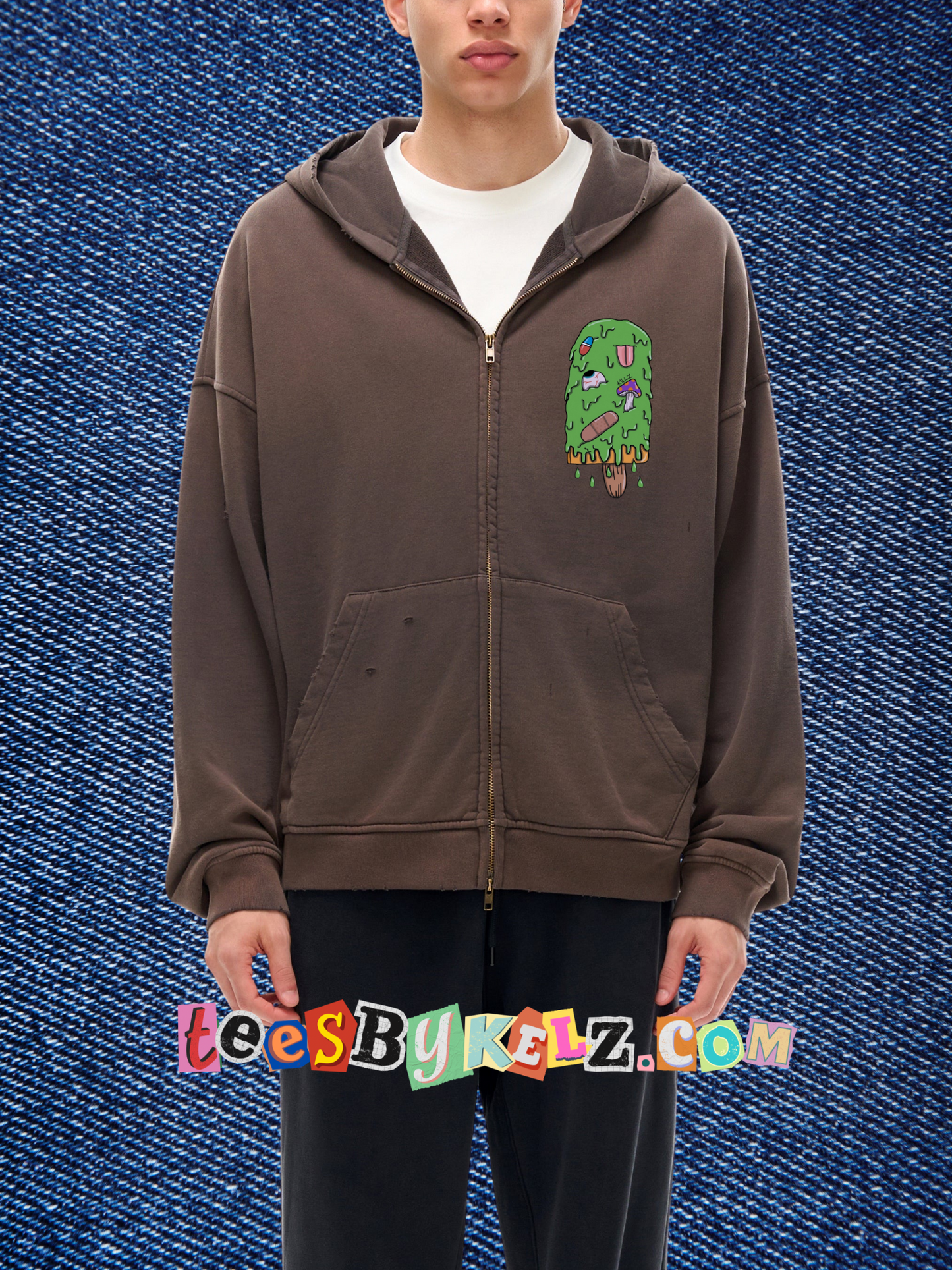 Slime Ice Cream Art By Kelz Logo Hand-Frayed Sunfade Zip Hoodie