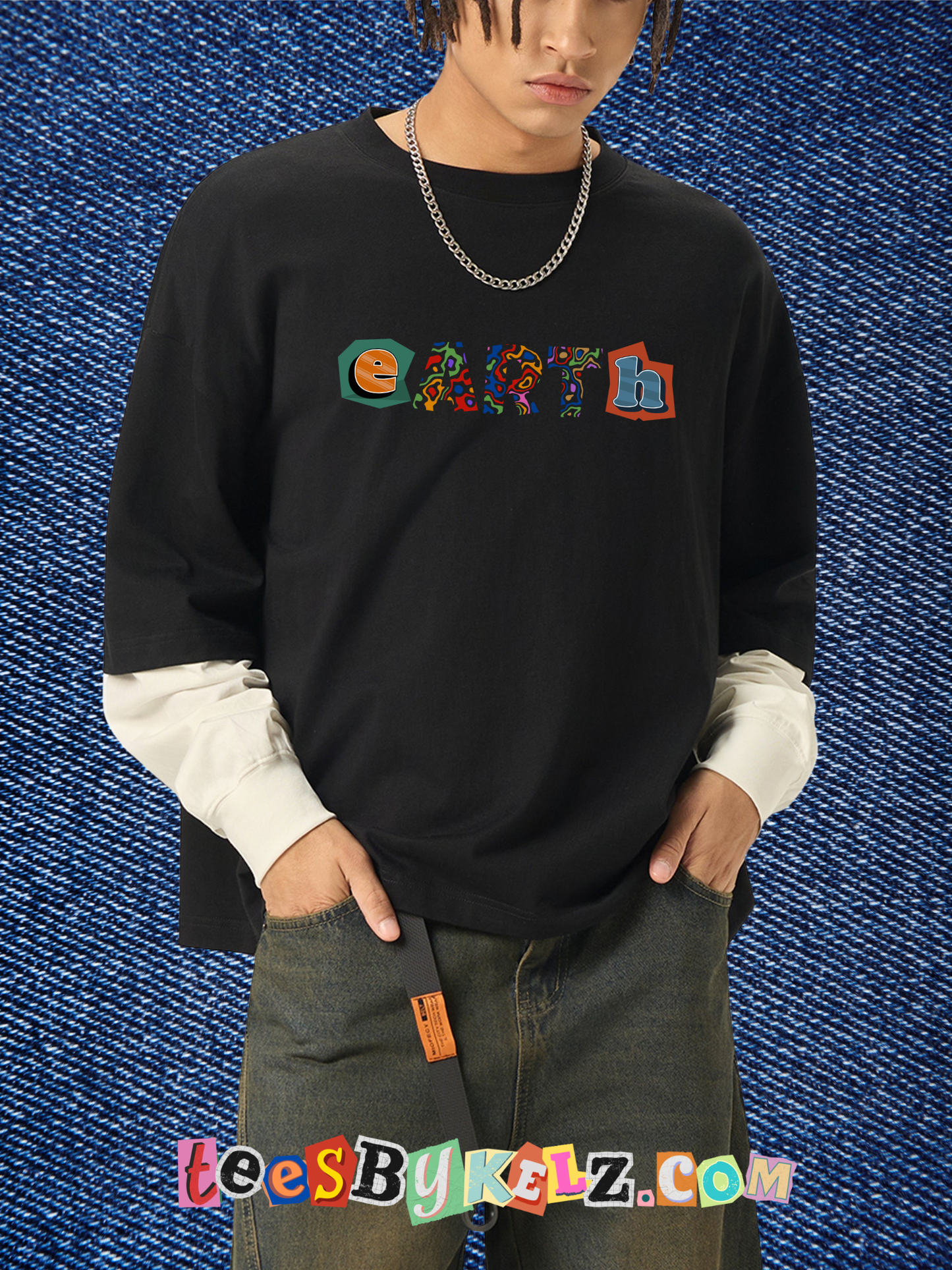 eARTh Layered Contrast Sleeve Cotton T-Shirt