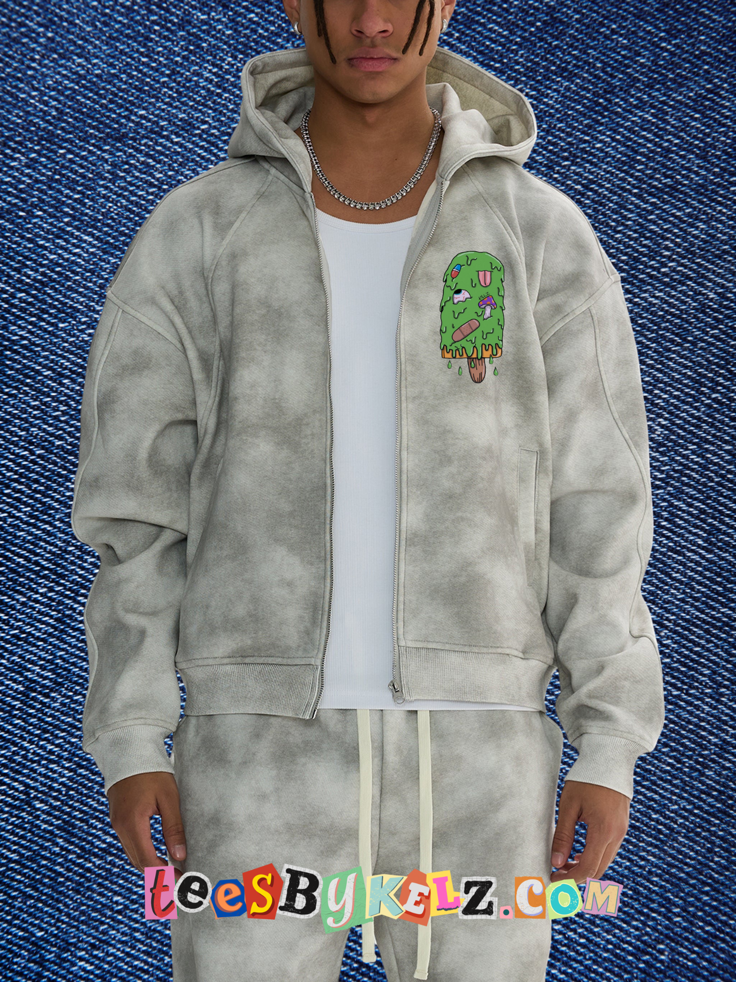 Slime Ice Cream Art By Kelz Logo Washed Zip-Up Fleece Hoodie
