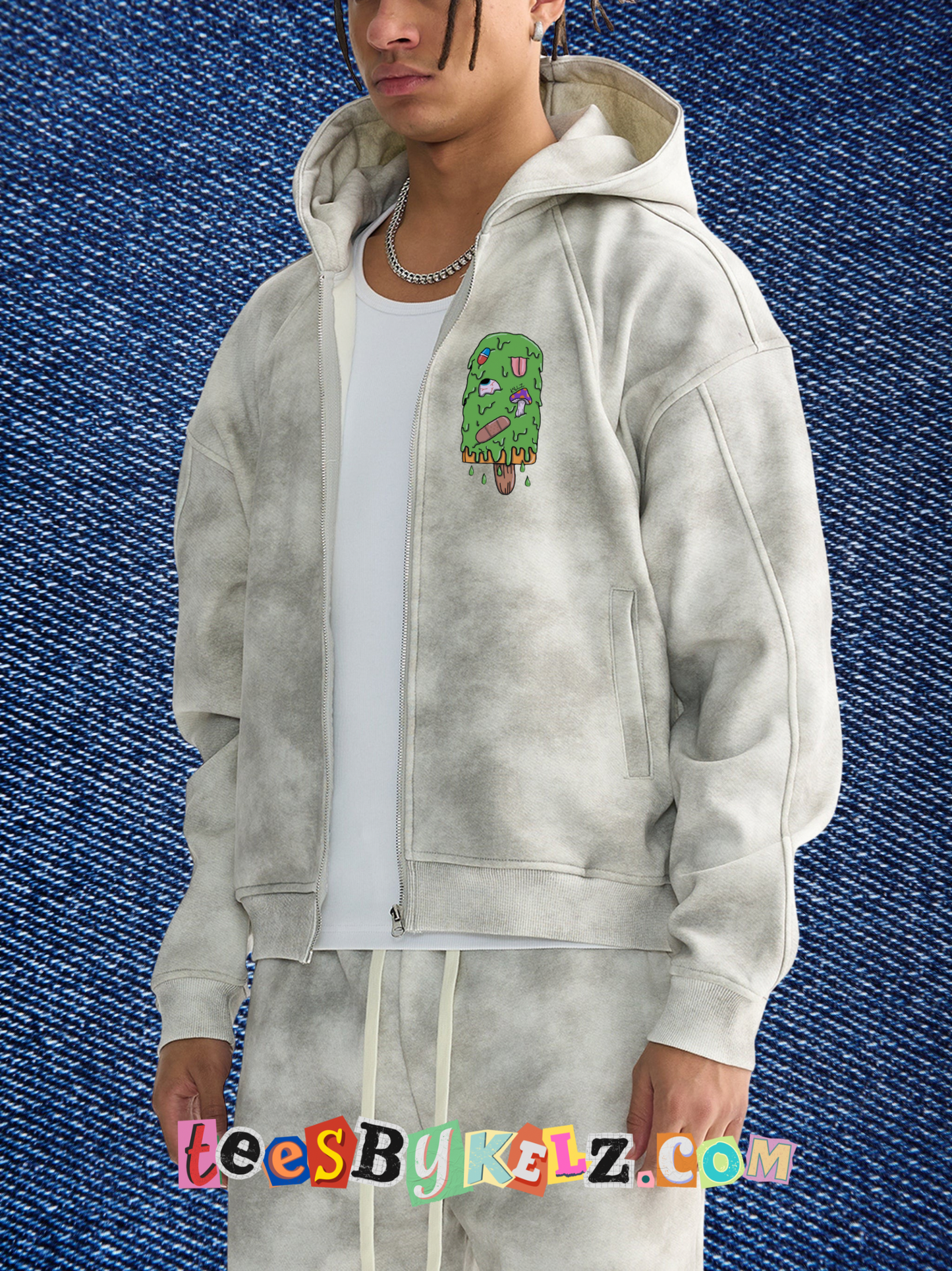 Slime Ice Cream Art By Kelz Logo Washed Zip-Up Fleece Hoodie