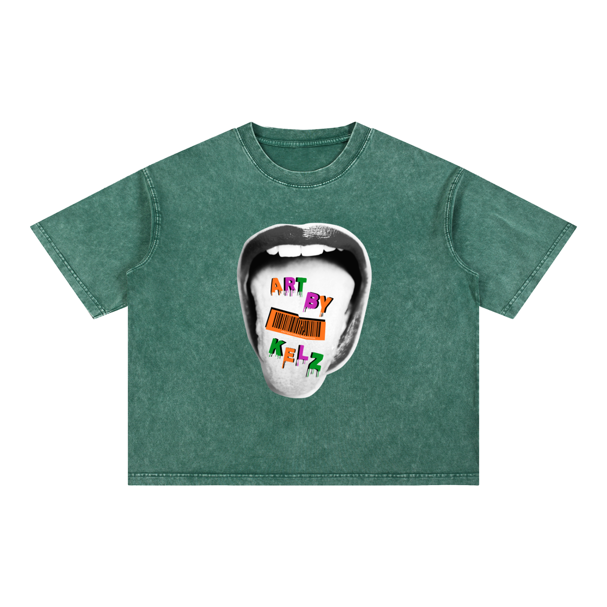 Acid Tongue Art By Kelz Mineral Wash Boxy Cotton T-Shirt